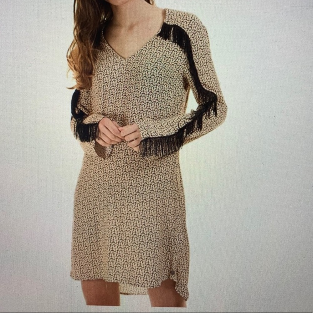 Scotch & Soda Beige Mini Dress with Black Fringe Trim